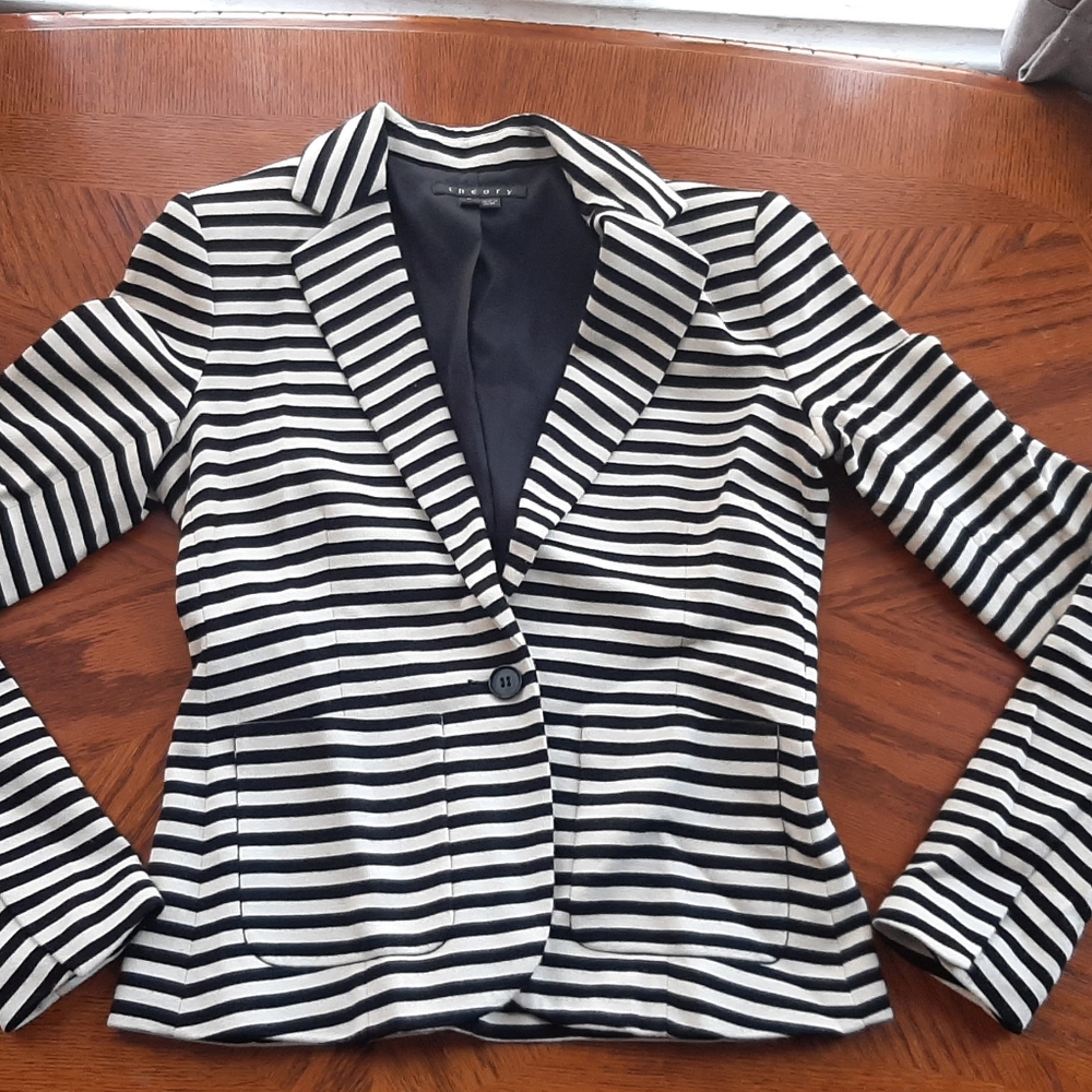 Theory Women's Black & White Striped Single Button-Front Blazer Jacket Size P